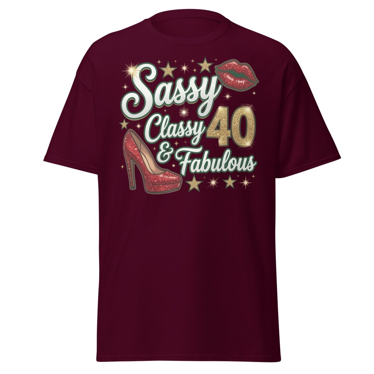 Sassy Classy & Fabulous 40 Glitter T-Shirt - Maroon - TeeRipple