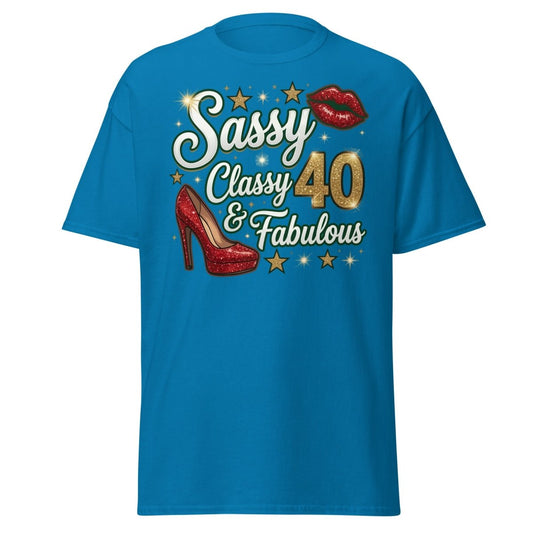Sassy Classy & Fabulous 40 Glitter T-Shirt - Sapphire - TeeRipple