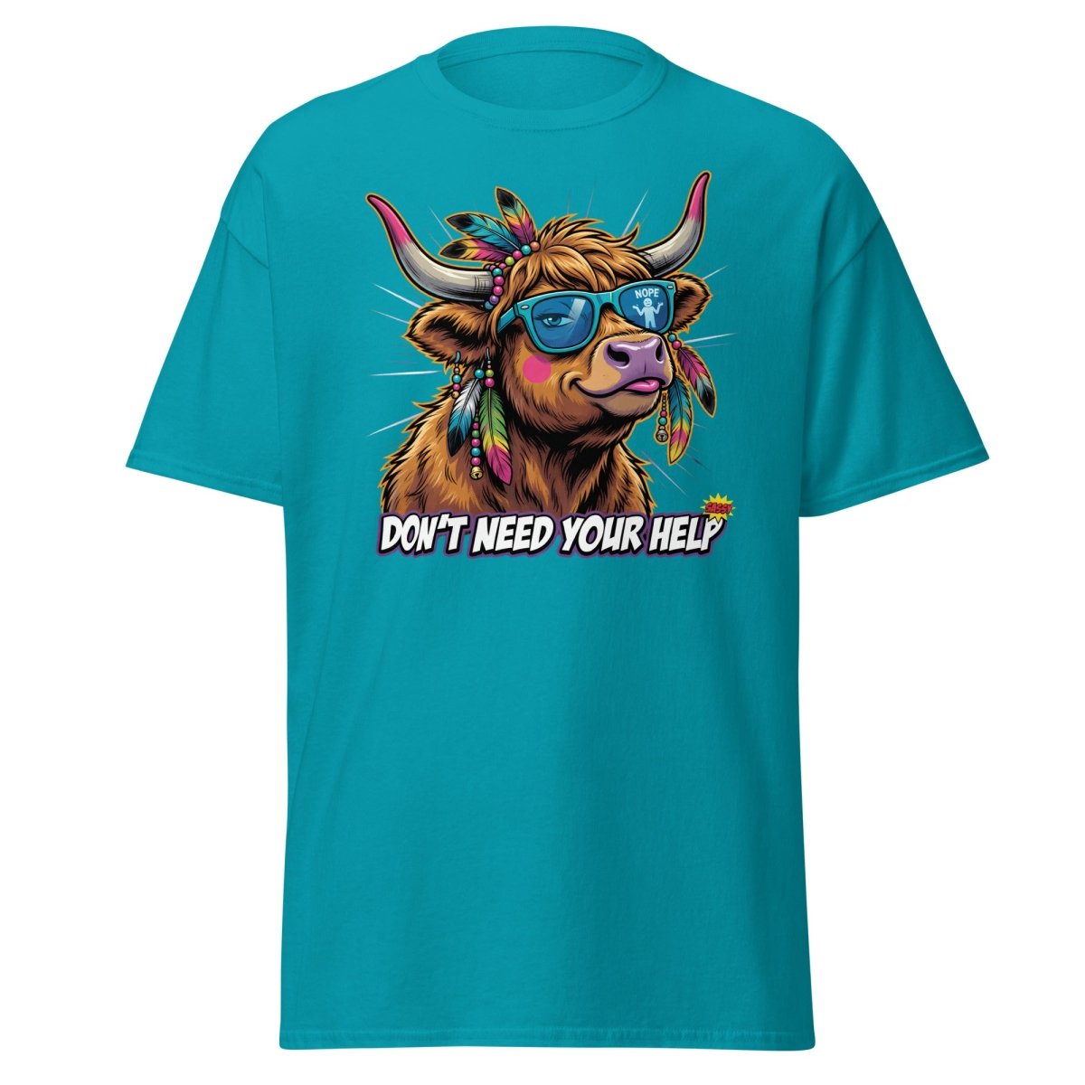 Sassy Highland Cow "Don't Need Your Help" T-Shirt - Tropical Blue - TeeRipple
