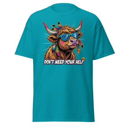 Sassy Highland Cow "Don't Need Your Help" T-Shirt - Tropical Blue - TeeRipple