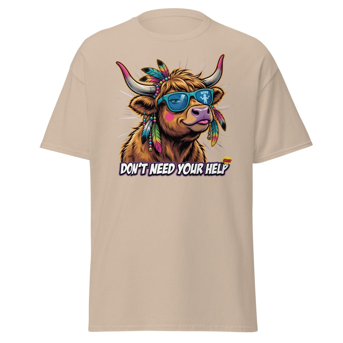 Sassy Highland Cow "Don't Need Your Help" T-Shirt - Sand - TeeRipple