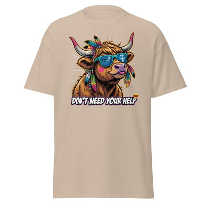 Sassy Highland Cow "Don't Need Your Help" T-Shirt - Sand - TeeRipple