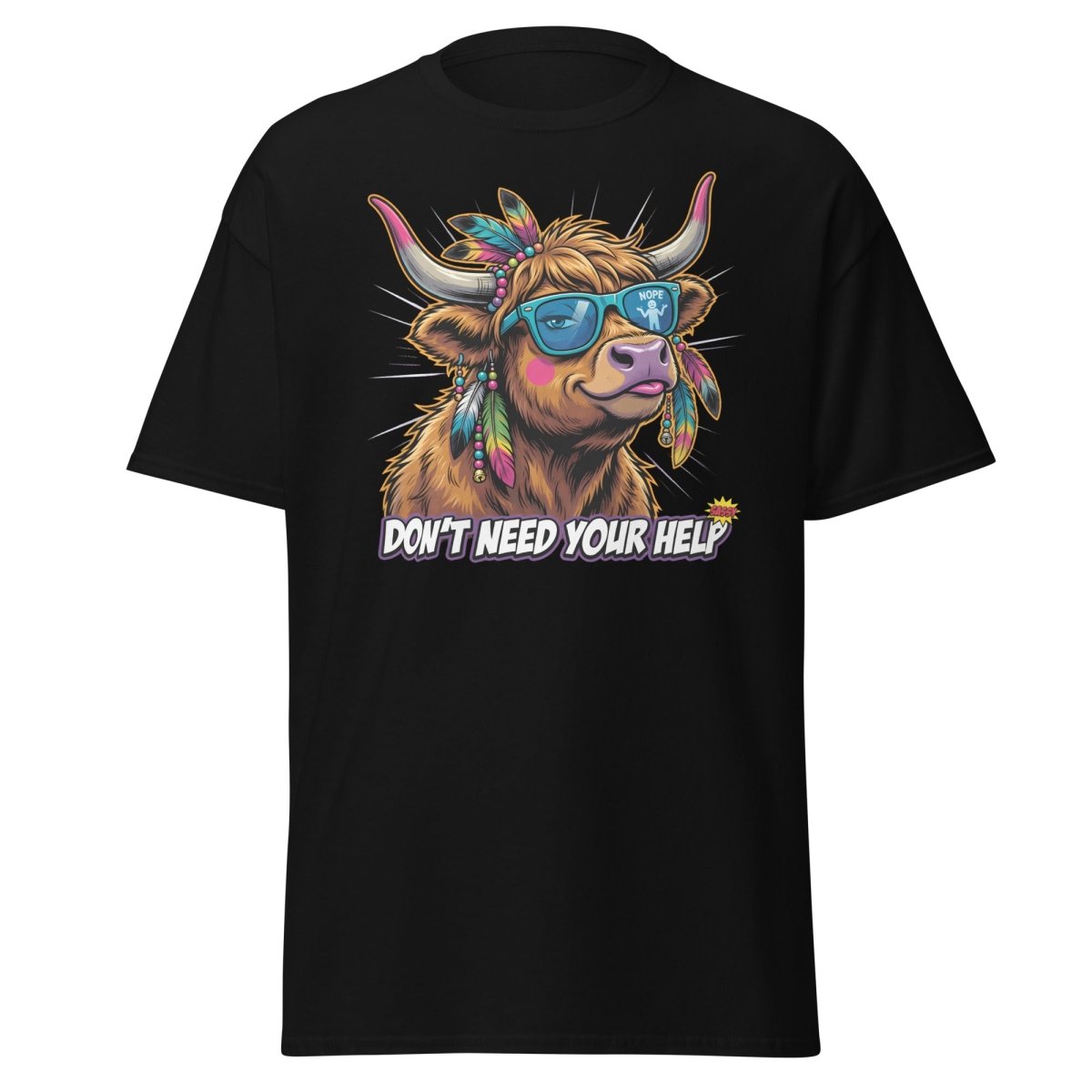 Sassy Highland Cow "Don't Need Your Help" T-Shirt - Black - TeeRipple