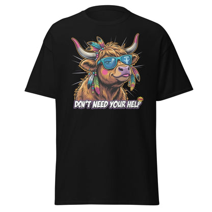 Sassy Highland Cow "Don't Need Your Help" T-Shirt - Black - TeeRipple