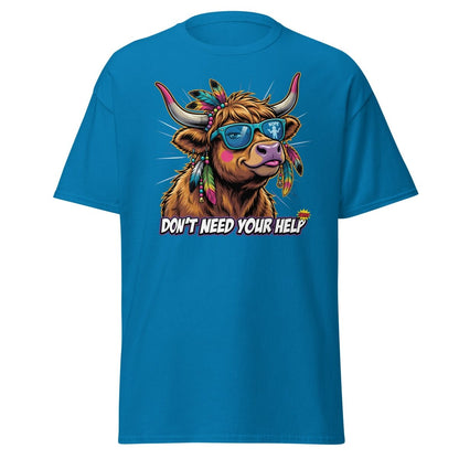 Sassy Highland Cow "Don't Need Your Help" T-Shirt - Sapphire - TeeRipple