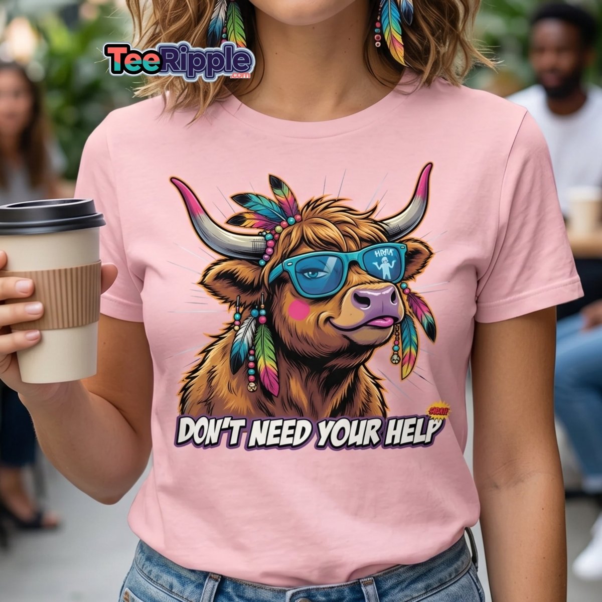 Sassy Highland Cow "Don't Need Your Help" T-Shirt - Maroon - TeeRipple