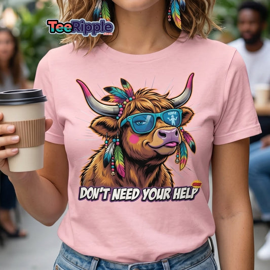Sassy Highland Cow "Don't Need Your Help" T-Shirt - Maroon - TeeRipple