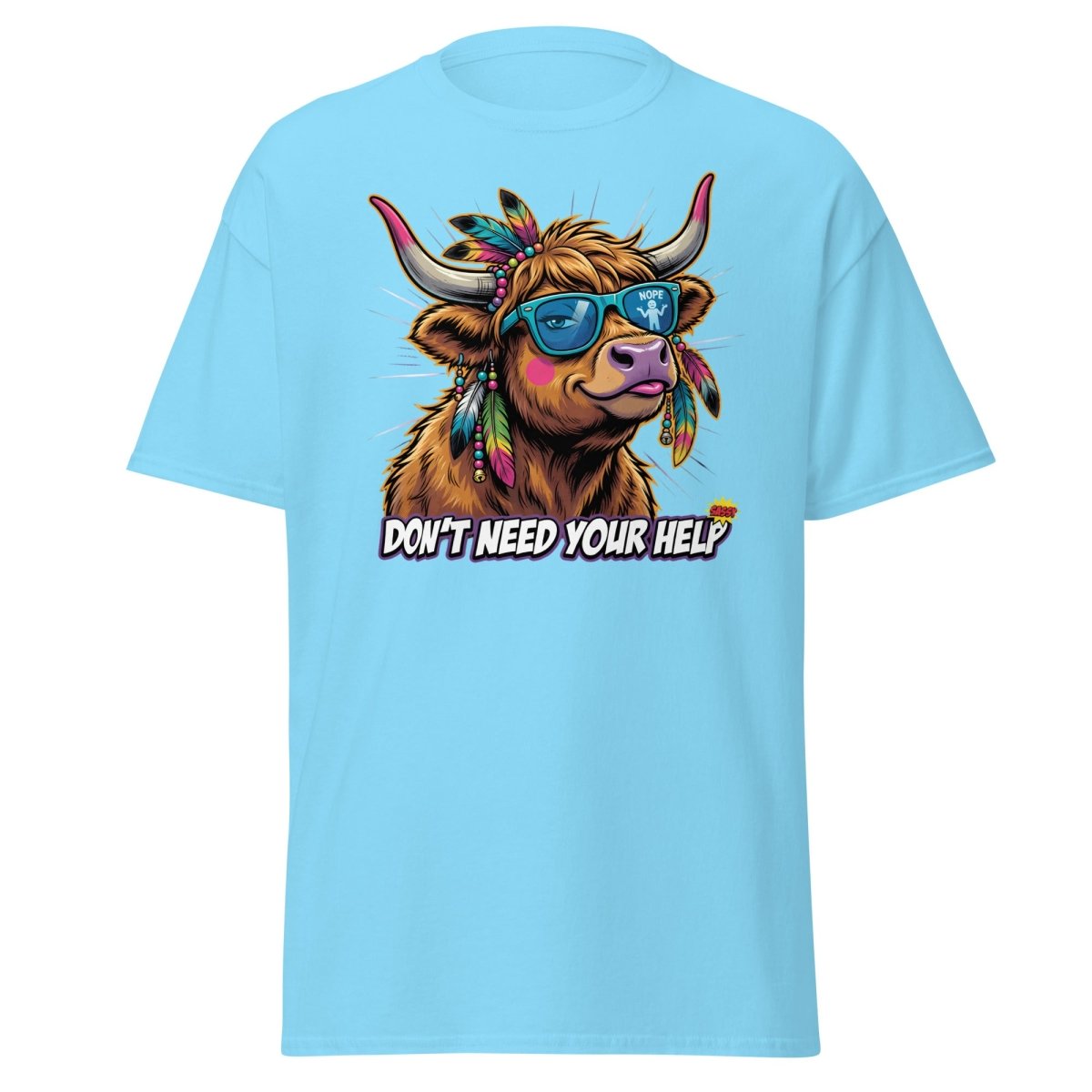 Sassy Highland Cow "Don't Need Your Help" T-Shirt - Sky - TeeRipple