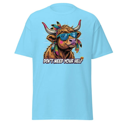 Sassy Highland Cow "Don't Need Your Help" T-Shirt - Sky - TeeRipple