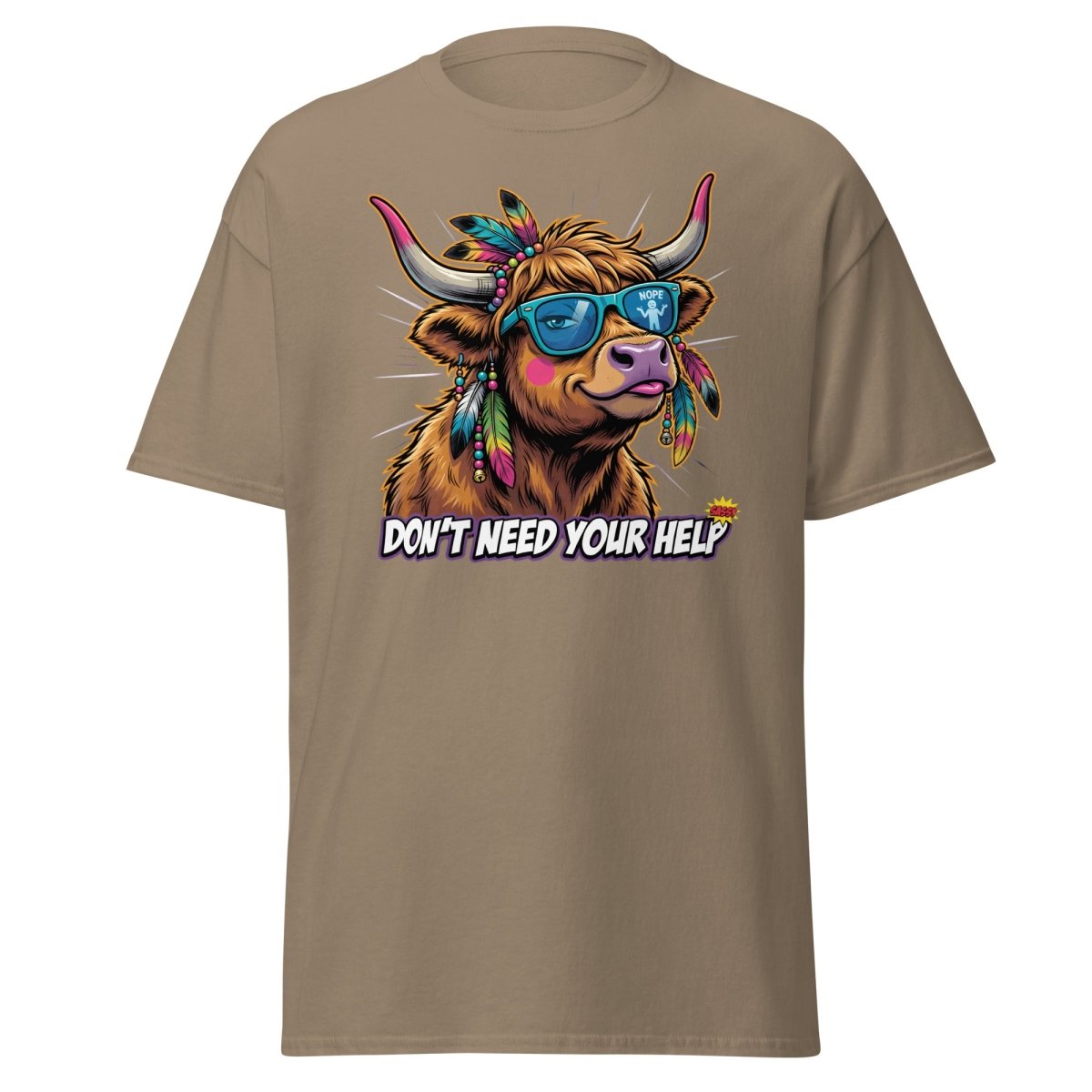 Sassy Highland Cow "Don't Need Your Help" T-Shirt - Brown Savana - TeeRipple