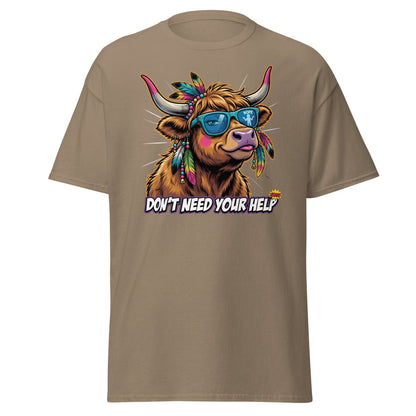 Sassy Highland Cow "Don't Need Your Help" T-Shirt - Brown Savana - TeeRipple