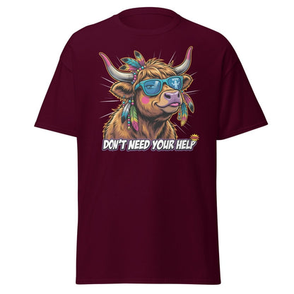 Sassy Highland Cow "Don't Need Your Help" T-Shirt - Maroon - TeeRipple