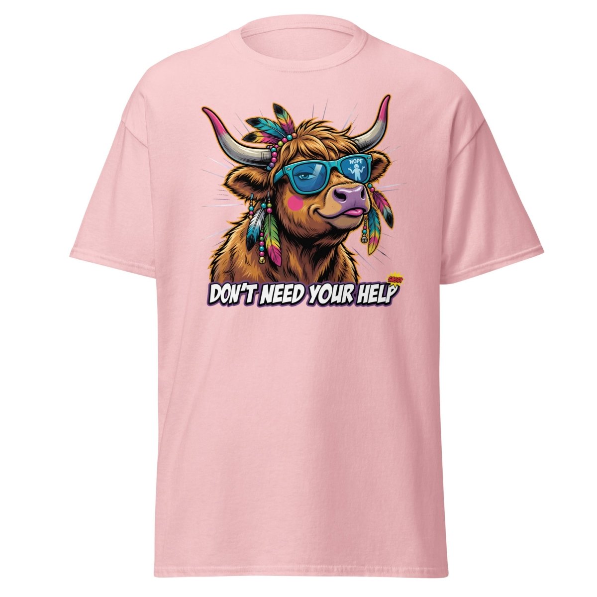 Sassy Highland Cow "Don't Need Your Help" T-Shirt - Light Pink - TeeRipple