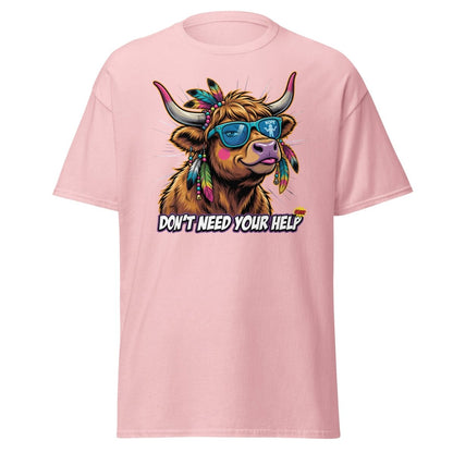 Sassy Highland Cow "Don't Need Your Help" T-Shirt - Light Pink - TeeRipple