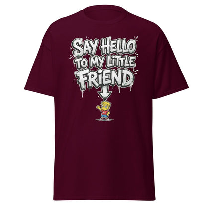 Say Hello to My Little Friend T-Shirt – Funny Cartoon Tee - Maroon - TeeRipple