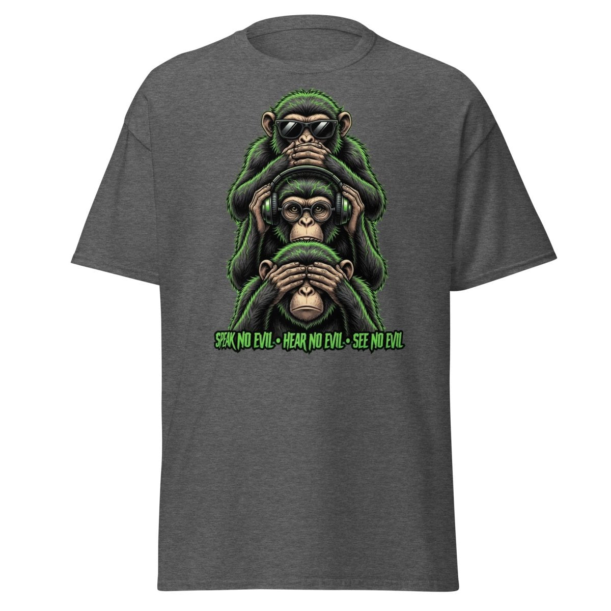 See No Evil Hear No Evil Speak No Evil Monkey T-Shirt - Dark Heather - TeeRipple