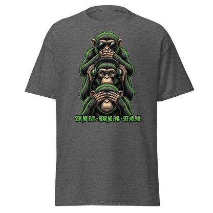 See No Evil Hear No Evil Speak No Evil Monkey T-Shirt - Dark Heather - TeeRipple