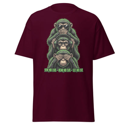 See No Evil Hear No Evil Speak No Evil Monkey T-Shirt - Maroon - TeeRipple