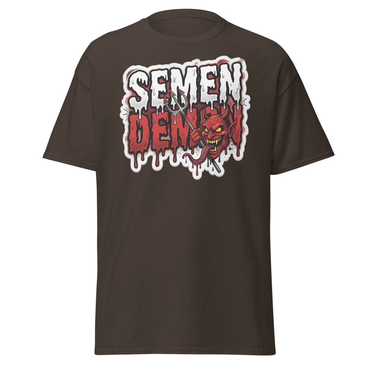 Semen Demon Funny Devil T-Shirt | Adult Humor Tee - Dark Chocolate - TeeRipple