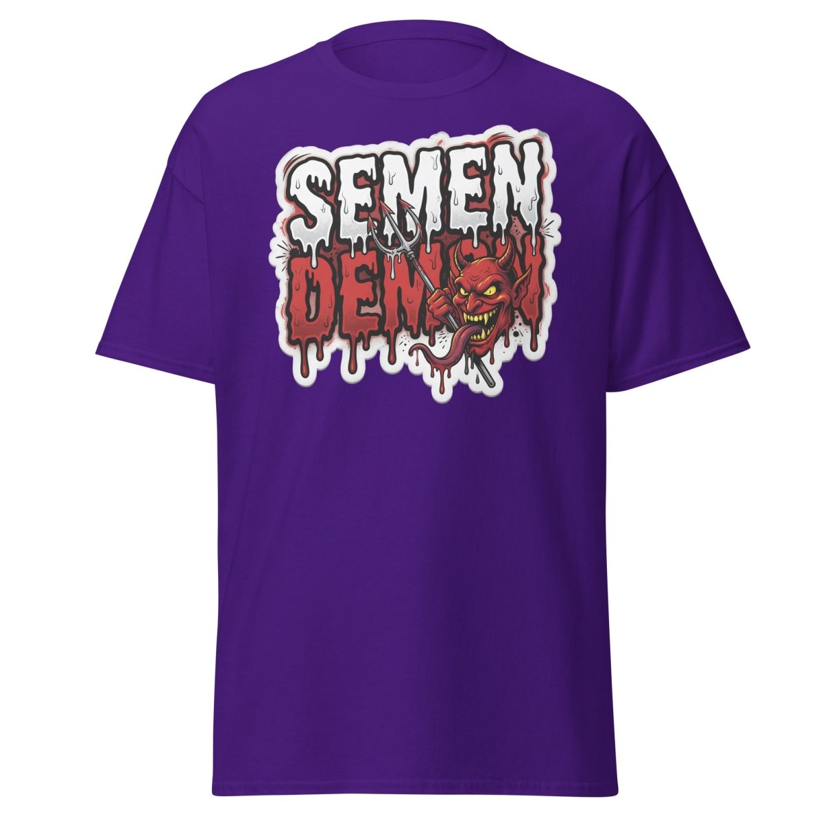 Semen Demon Funny Devil T-Shirt | Adult Humor Tee - Purple - TeeRipple