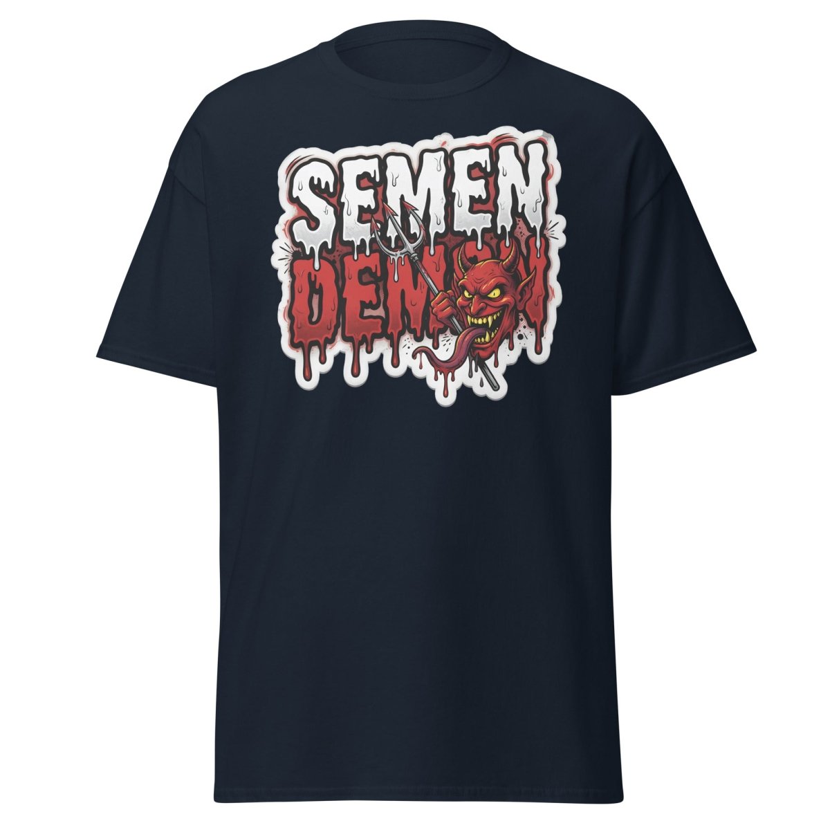Semen Demon Funny Devil T-Shirt | Adult Humor Tee - Navy - TeeRipple
