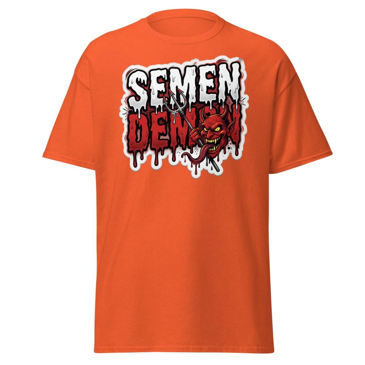 Semen Demon Funny Devil T-Shirt | Adult Humor Tee - Orange - TeeRipple