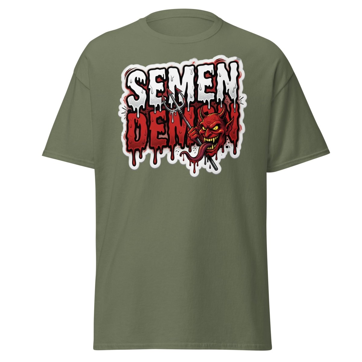 Semen Demon Funny Devil T-Shirt | Adult Humor Tee - Military Green - TeeRipple