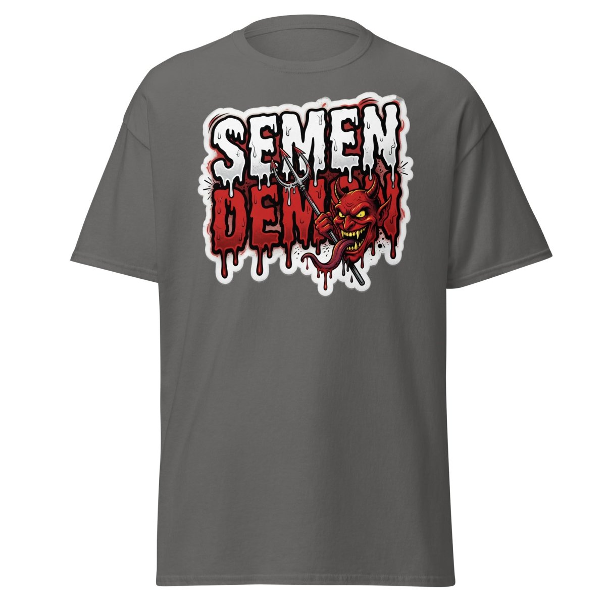 Semen Demon Funny Devil T-Shirt | Adult Humor Tee - Charcoal - TeeRipple
