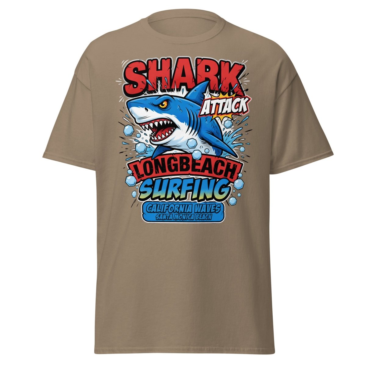 Shark Attack Long Beach Surfing T-Shirt - California Waves - Brown Savana - TeeRipple