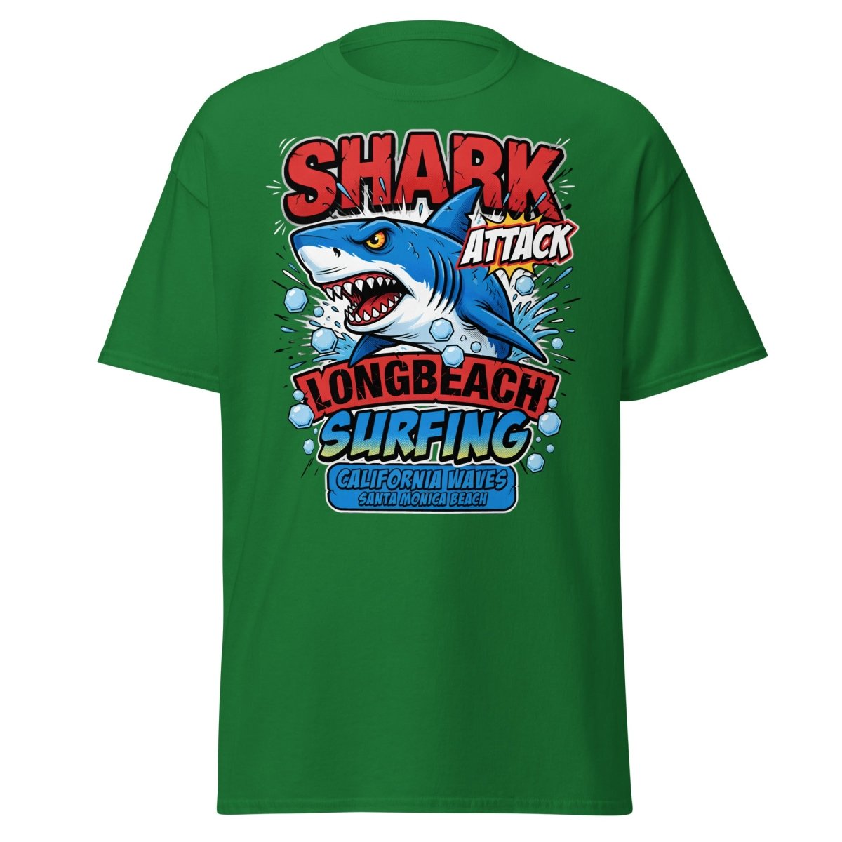 Shark Attack Long Beach Surfing T-Shirt - California Waves - Turf Green - TeeRipple
