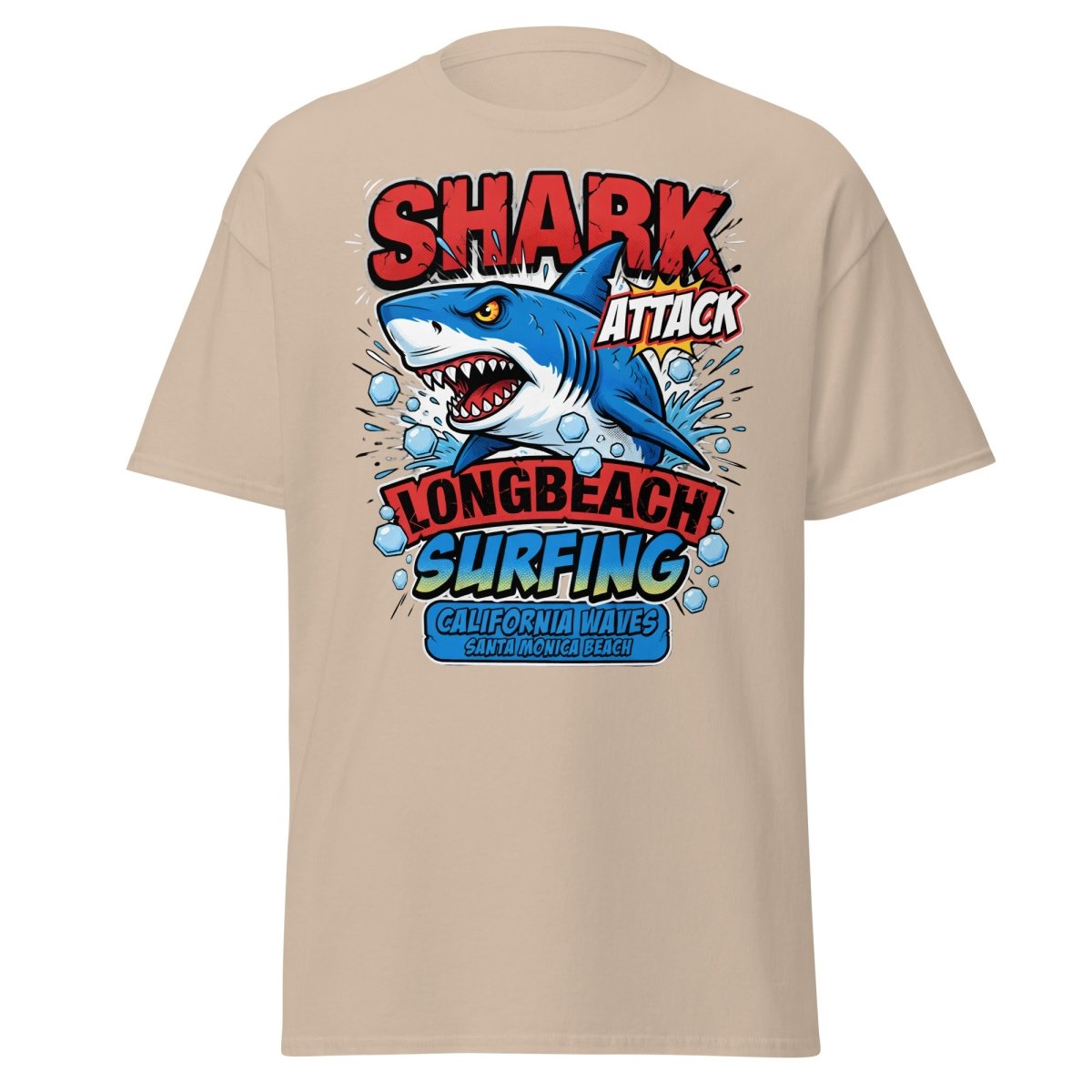 Shark Attack Long Beach Surfing T-Shirt - California Waves - Sand - TeeRipple