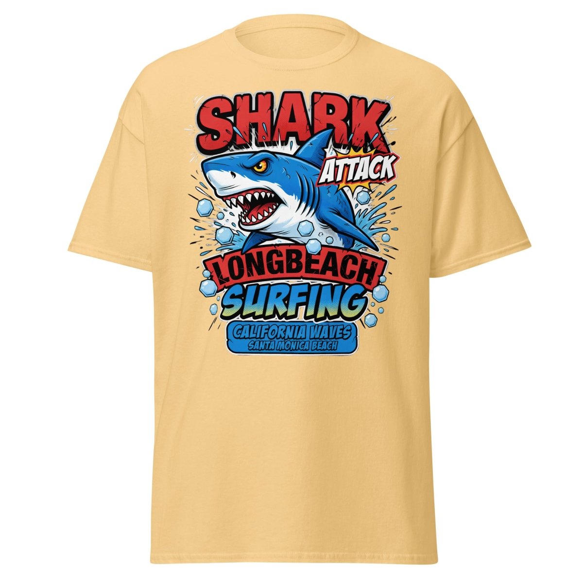 Shark Attack Long Beach Surfing T-Shirt - California Waves - Yellow Haze - TeeRipple