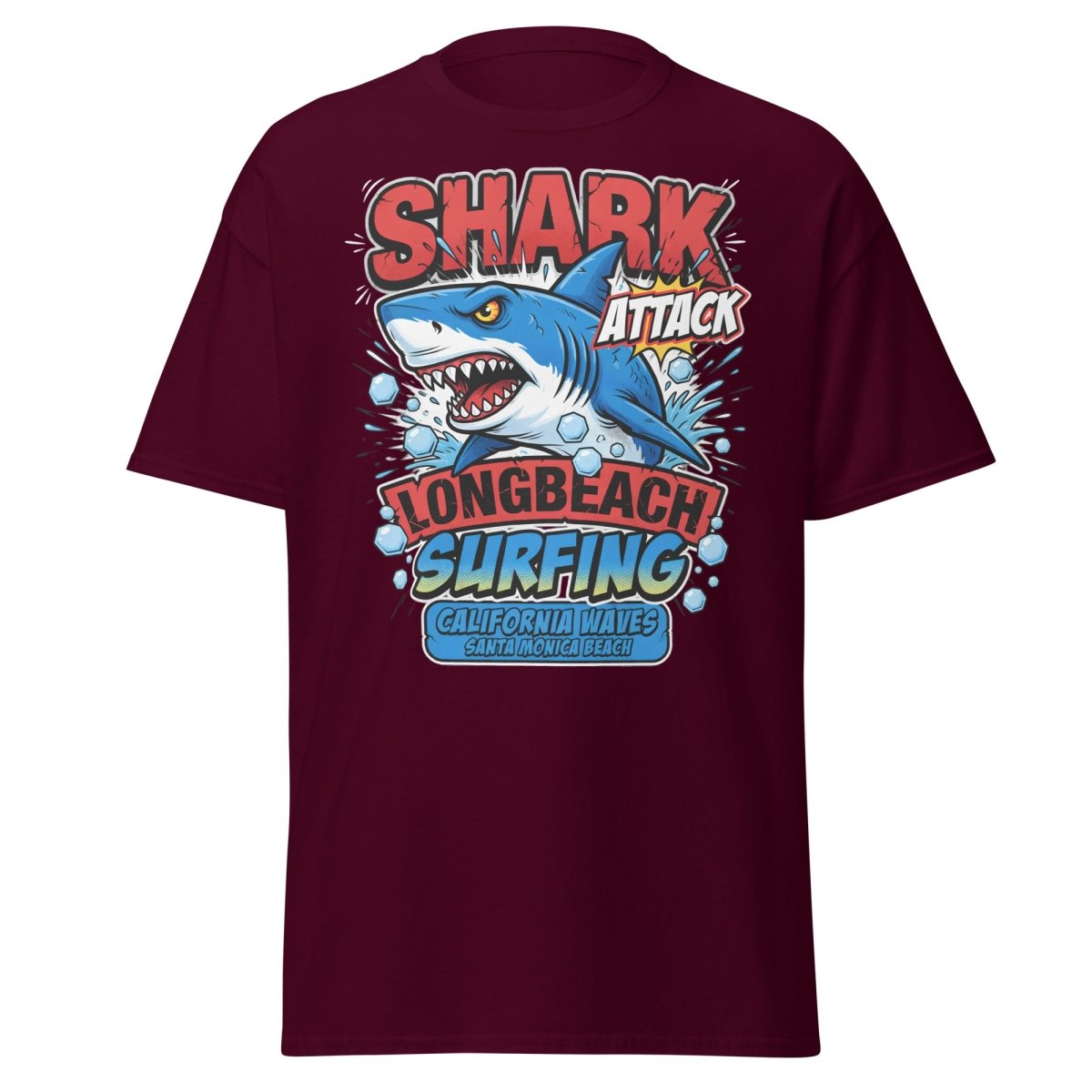Shark Attack Long Beach Surfing T-Shirt - California Waves - Maroon - TeeRipple