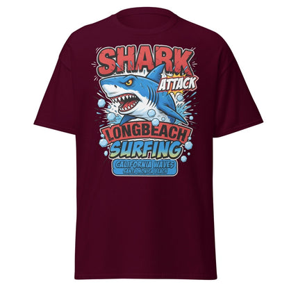 Shark Attack Long Beach Surfing T-Shirt - California Waves - Maroon - TeeRipple