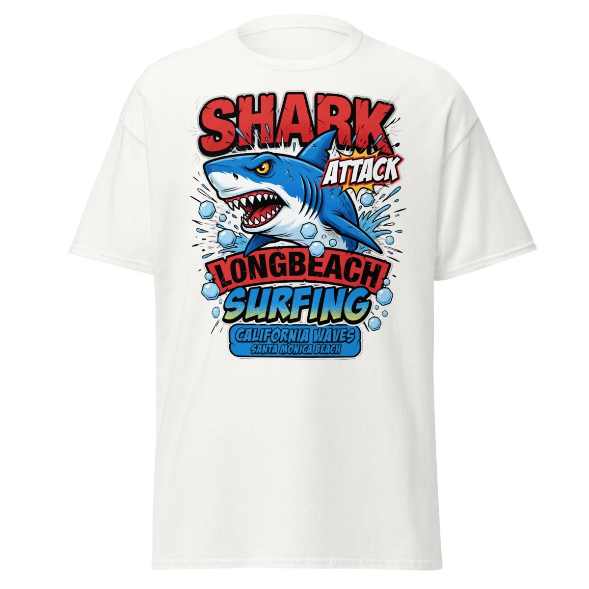 Shark Attack Long Beach Surfing T-Shirt - California Waves - White - TeeRipple