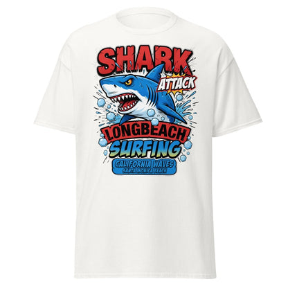 Shark Attack Long Beach Surfing T-Shirt - California Waves - White - TeeRipple