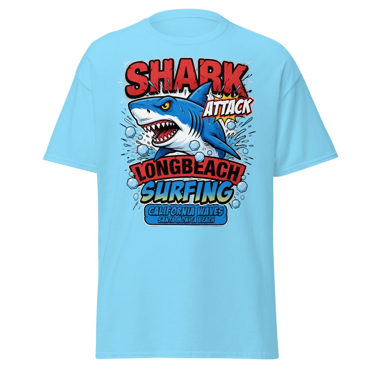 Shark Attack Long Beach Surfing T-Shirt - California Waves - Sky - TeeRipple