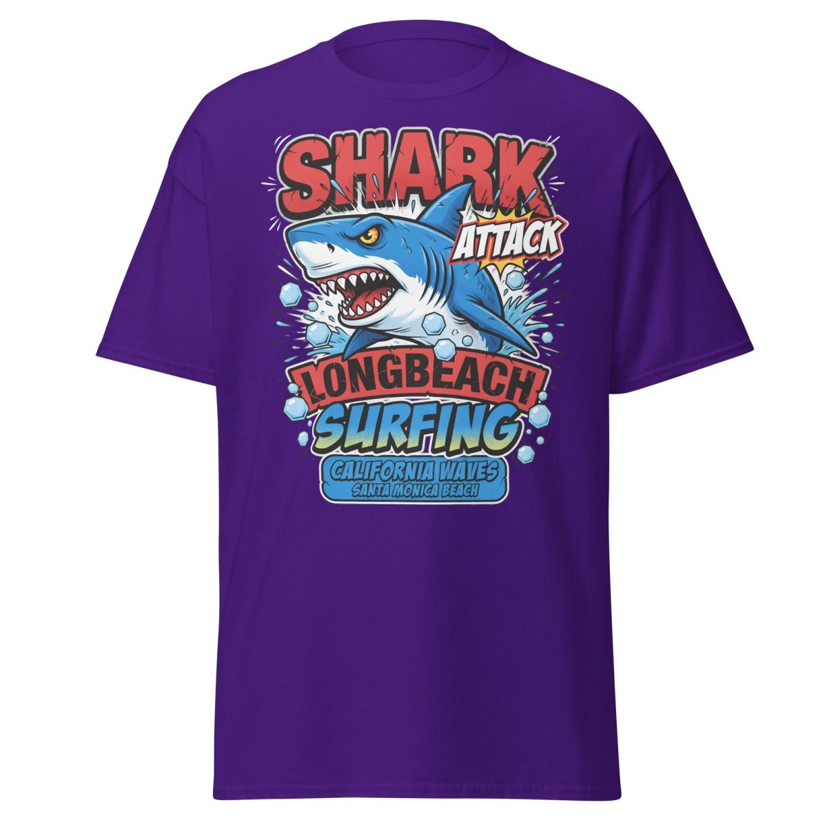 Shark Attack Long Beach Surfing T-Shirt - California Waves - Purple - TeeRipple