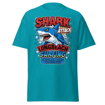 Shark Attack Long Beach Surfing T-Shirt - California Waves - Tropical Blue - TeeRipple