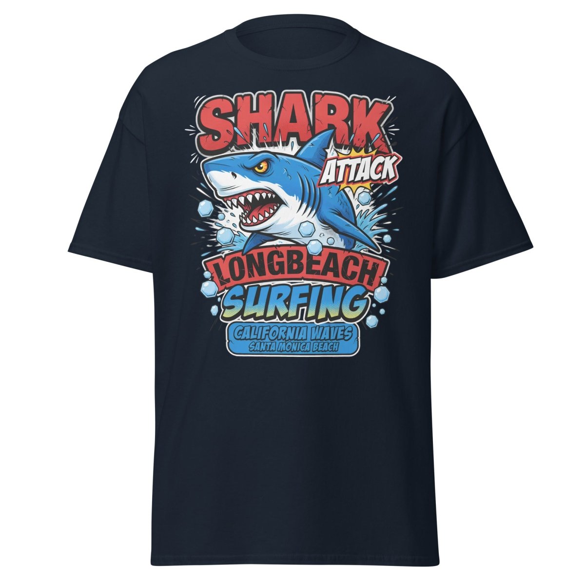 Shark Attack Long Beach Surfing T-Shirt - California Waves - Navy - TeeRipple