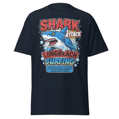 Shark Attack Long Beach Surfing T-Shirt - California Waves - Navy - TeeRipple
