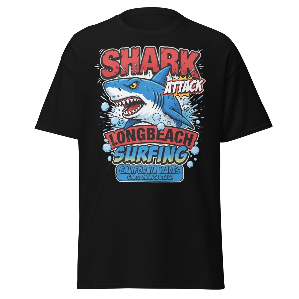 Shark Attack Long Beach Surfing T-Shirt - California Waves - Black - TeeRipple