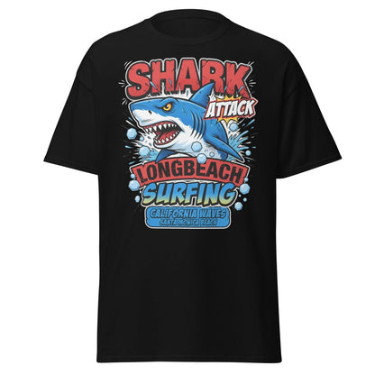 Shark Attack Long Beach Surfing T-Shirt - California Waves - Black - TeeRipple