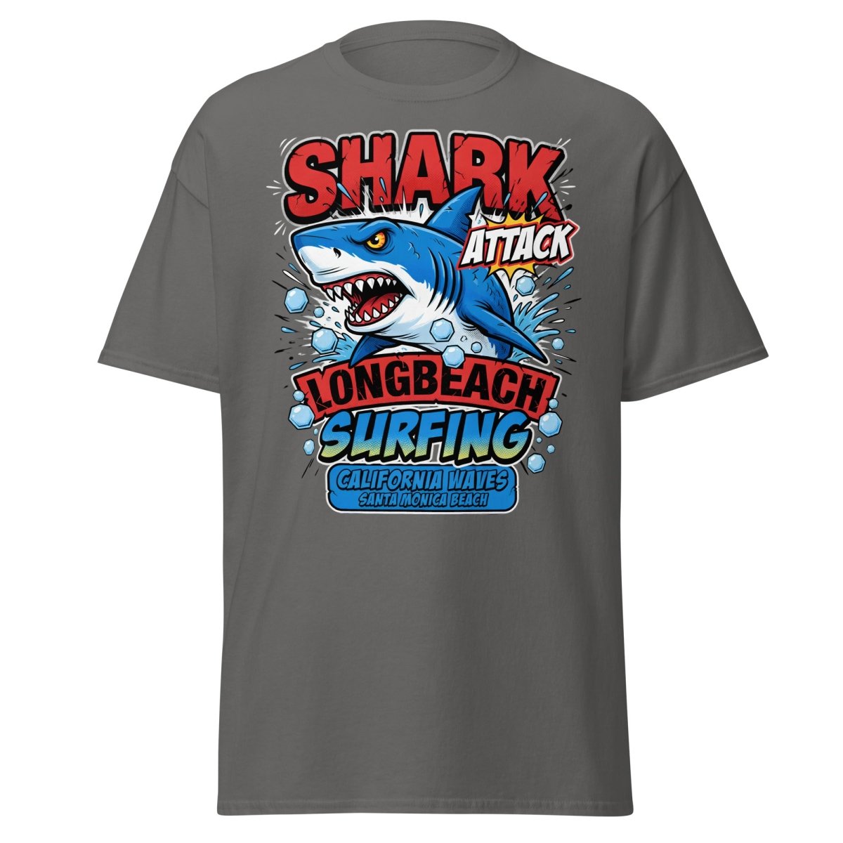 Shark Attack Long Beach Surfing T-Shirt - California Waves - Charcoal - TeeRipple