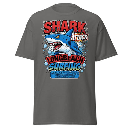 Shark Attack Long Beach Surfing T-Shirt - California Waves - Charcoal - TeeRipple