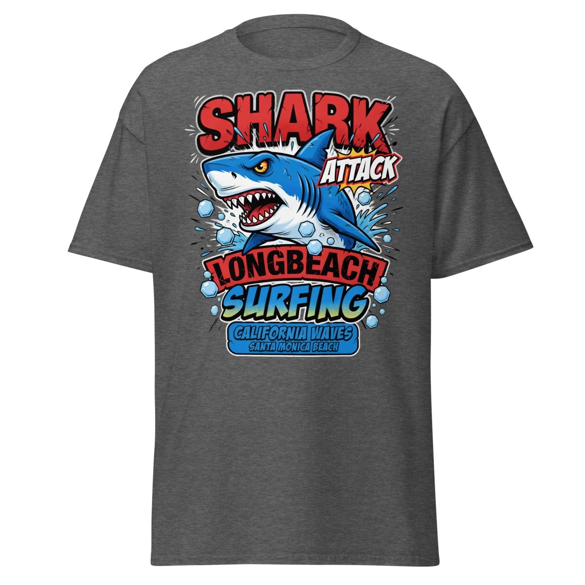 Shark Attack Long Beach Surfing T-Shirt - California Waves - Dark Heather - TeeRipple
