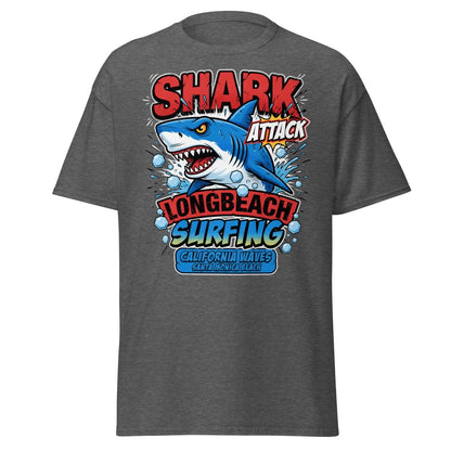 Shark Attack Long Beach Surfing T-Shirt - California Waves - Dark Heather - TeeRipple