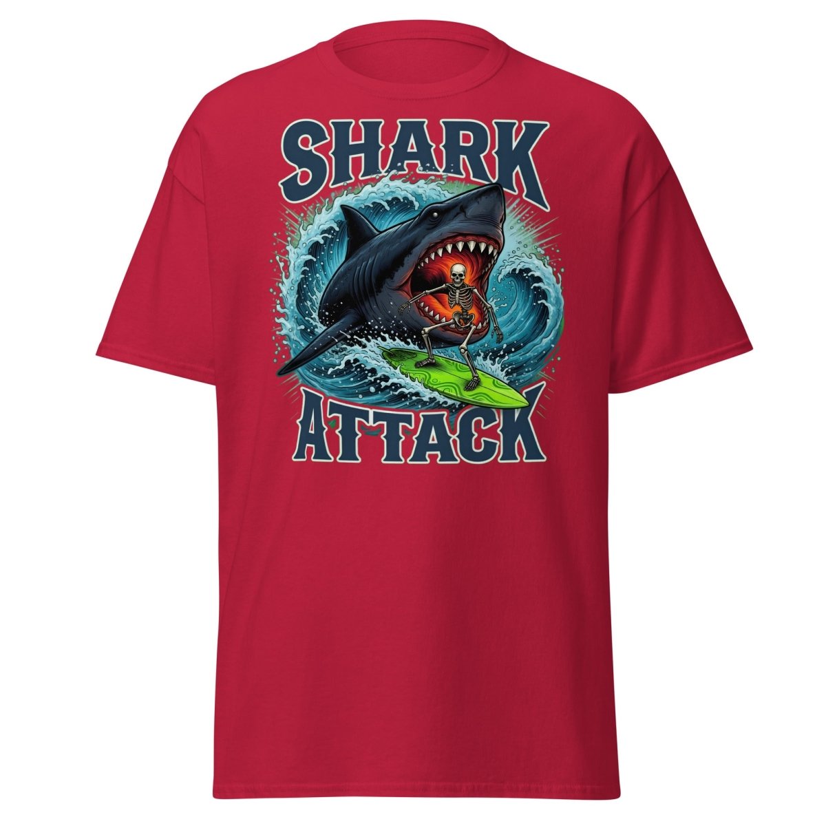 Shark Attack Skeleton Surfer T-Shirt – Dark Humor - Cardinal - TeeRipple
