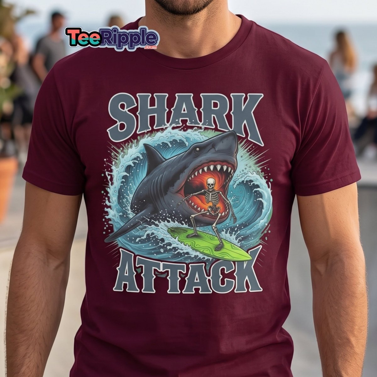 Shark Attack Skeleton Surfer T-Shirt – Dark Humor - Maroon - TeeRipple