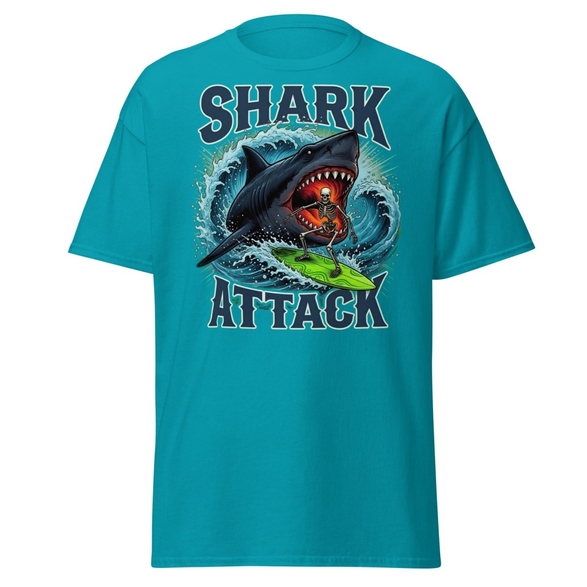 Shark Attack Skeleton Surfer T-Shirt – Dark Humor - Tropical Blue - TeeRipple